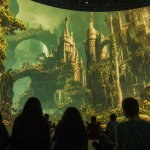 Público dentro de uma cúpula de LED durante uma experiência cinematográfica imersiva inspirada em um mundo de fantasia