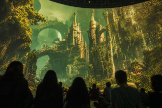 Público dentro de uma cúpula de LED durante uma experiência cinematográfica imersiva inspirada em um mundo de fantasia