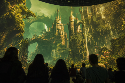 Público dentro de uma cúpula de LED durante uma experiência cinematográfica imersiva inspirada em um mundo de fantasia