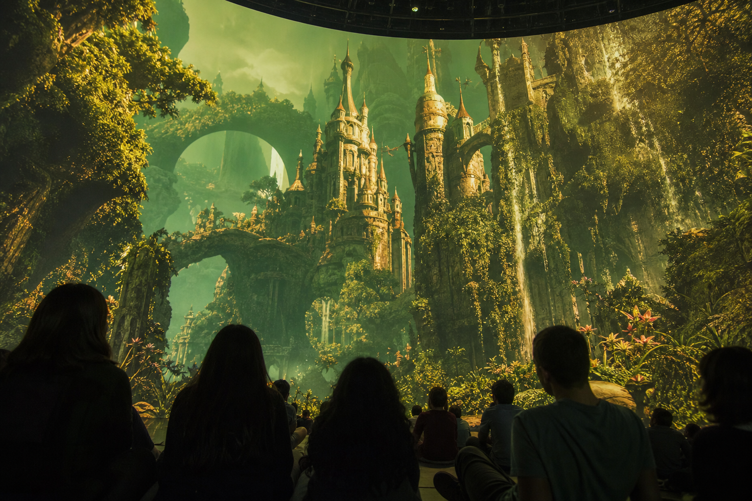 Público dentro de uma cúpula de LED durante uma experiência cinematográfica imersiva inspirada em um mundo de fantasia