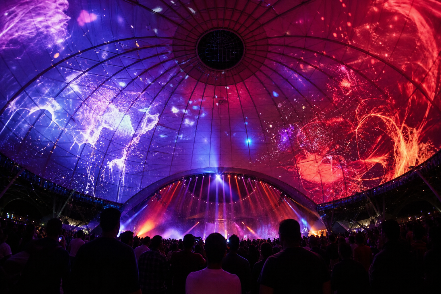 Arena de entretenimento imersivo com projeções visuais em grande escala durante um evento ao vivo.